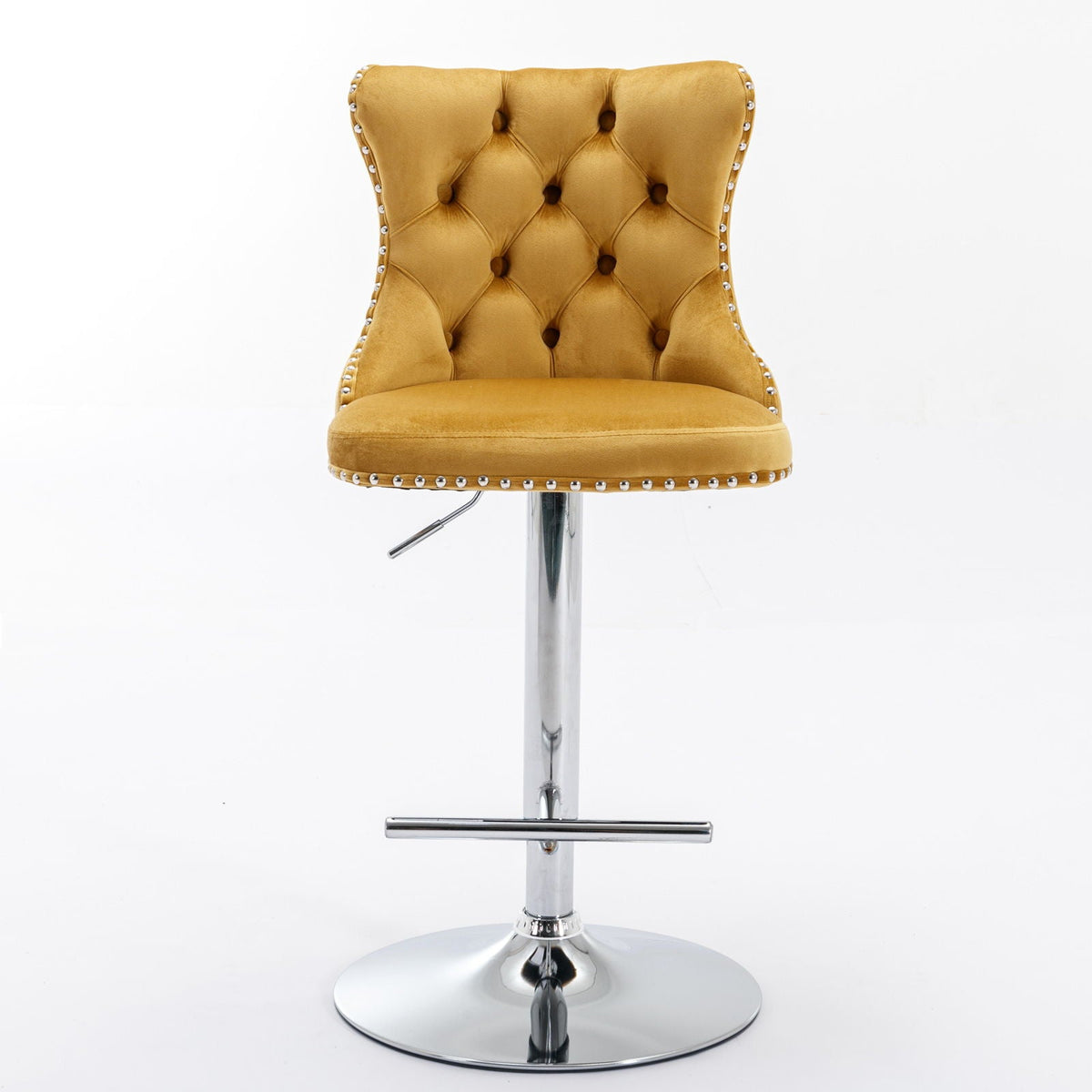 Set of 2 swivel height barstools with mustard tufted upholstery and chrome bases on Tampa Home & Garden Store