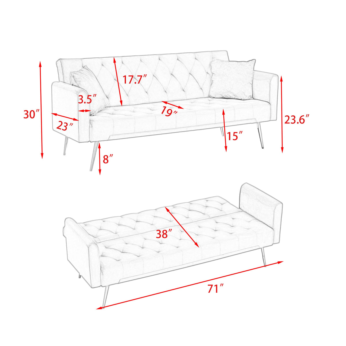 71-inch foldable double sofa in white tufted fabric by HouseOfZazla, American retro style on Tampa Home & Garden Store