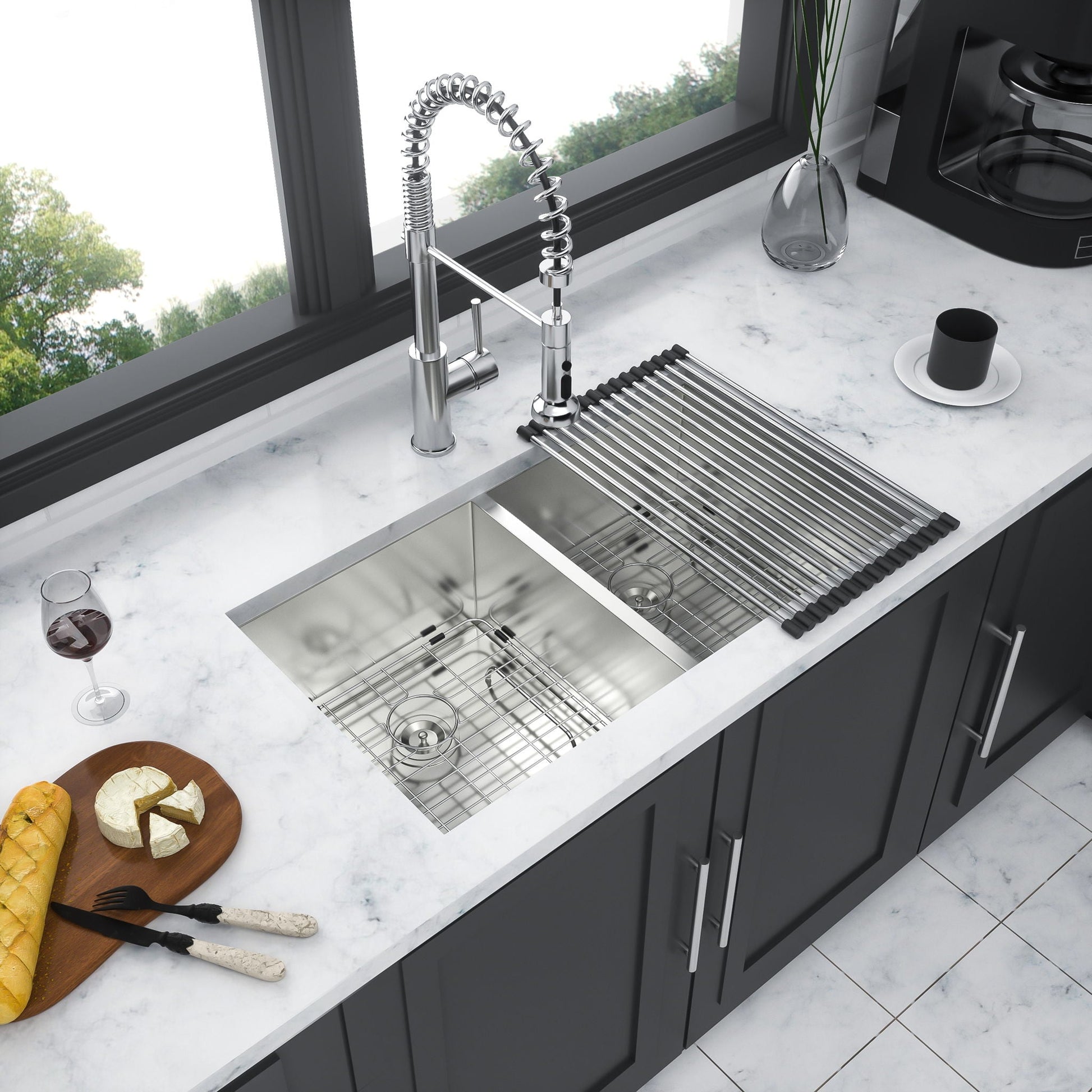 Brushed nickel 16-gauge undermount dual-bowl kitchen sink with 9-in deep bowls and spring faucet on Tampa Home & Garden Store