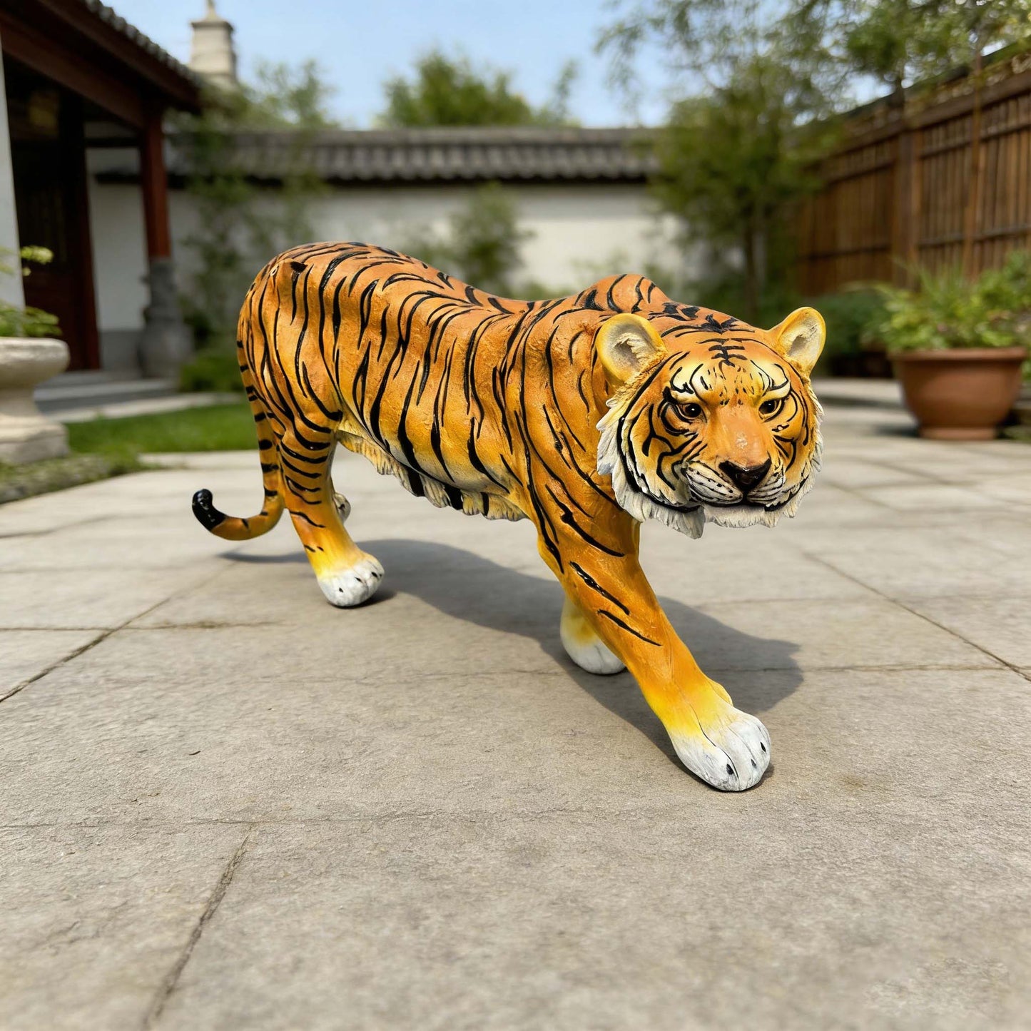 Simulated Tiger Resin Garden Statue orange with black stripes HouseOfZazla outdoor decor on Tampa Home & Garden Store
