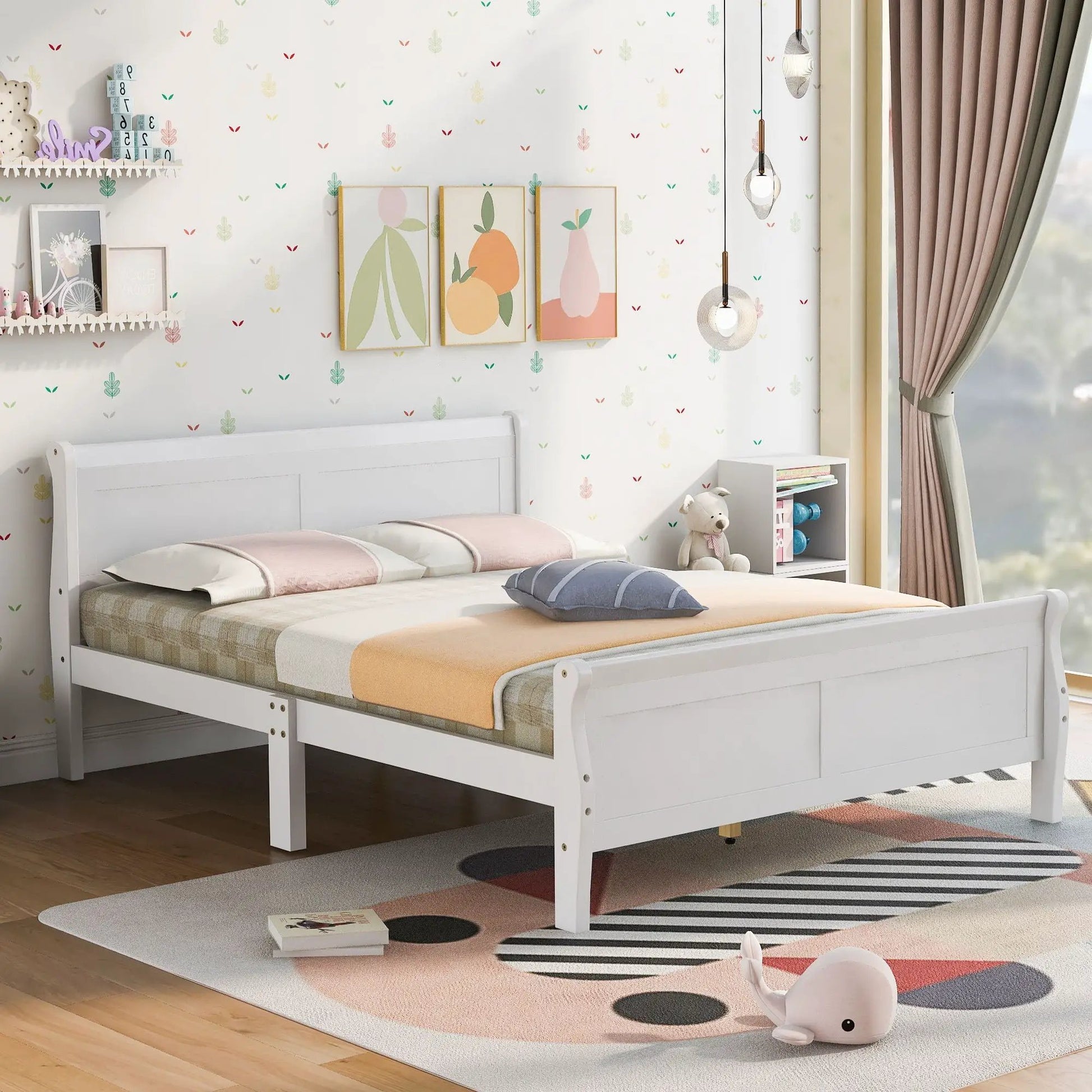 Platform bed frame white with sleigh headboard and footboard and wood slat support on Tampa Home & Garden Store