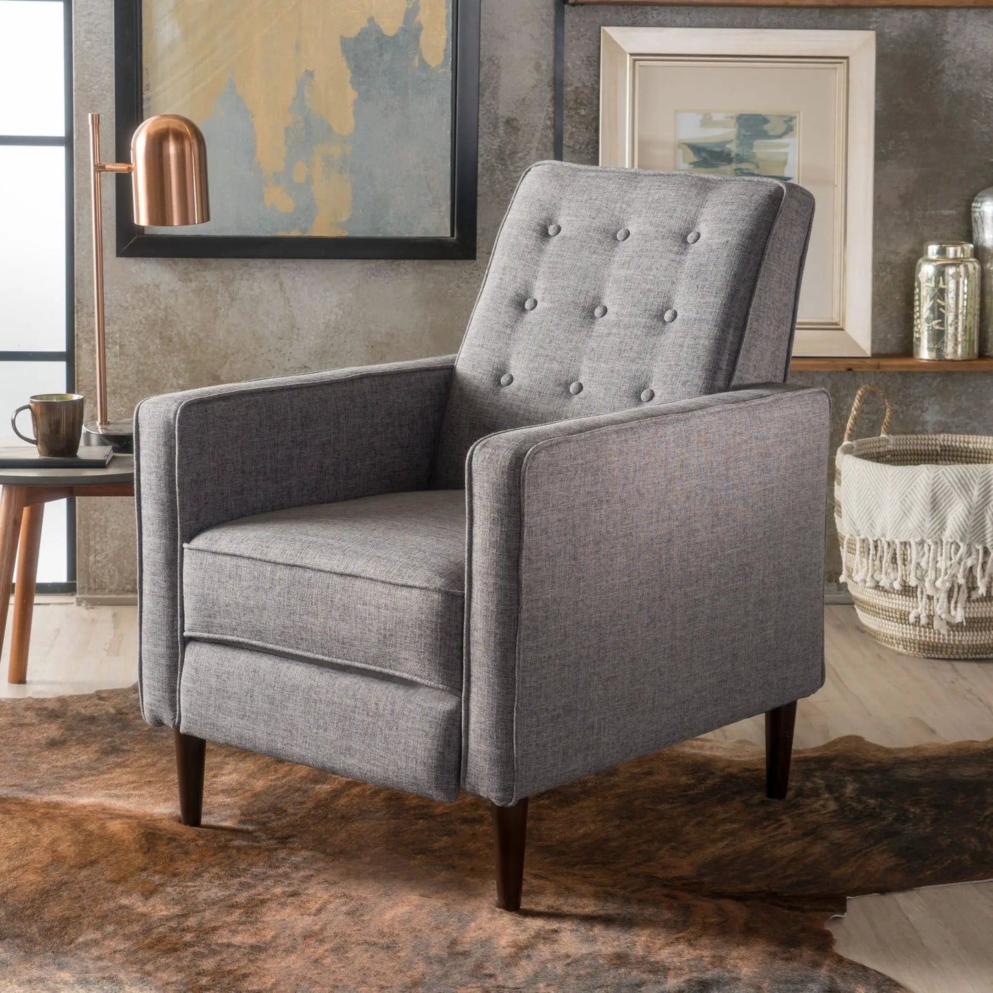 Mid-Century Modern recliner in gray fabric with button tufting and waffle stitch, dark wood legs on Tampa Home & Garden Store