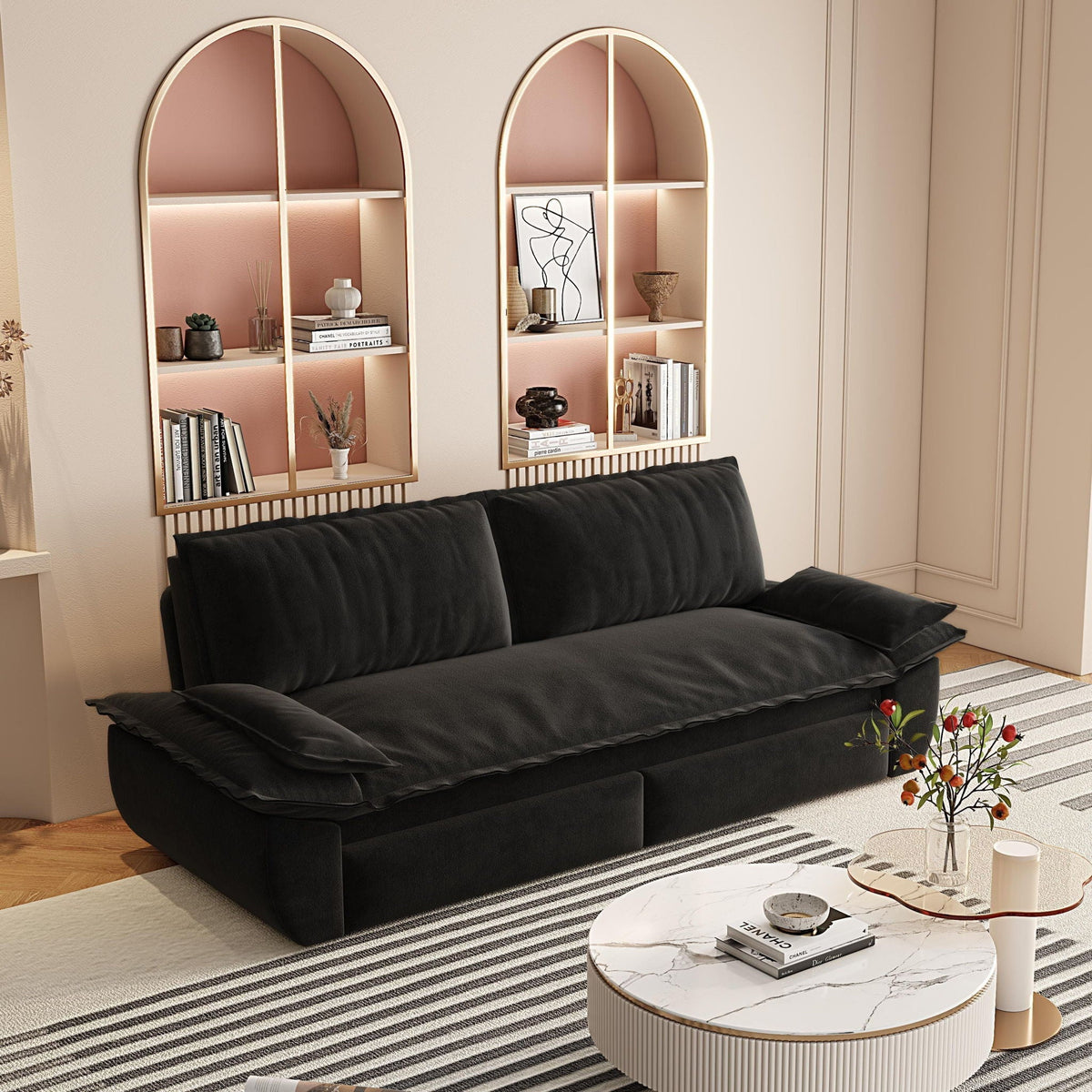 Queen Pull Out Sofa Bed in black fabric with 3-in-1 sleeper setup beside arched shelves on Tampa Home & Garden Store