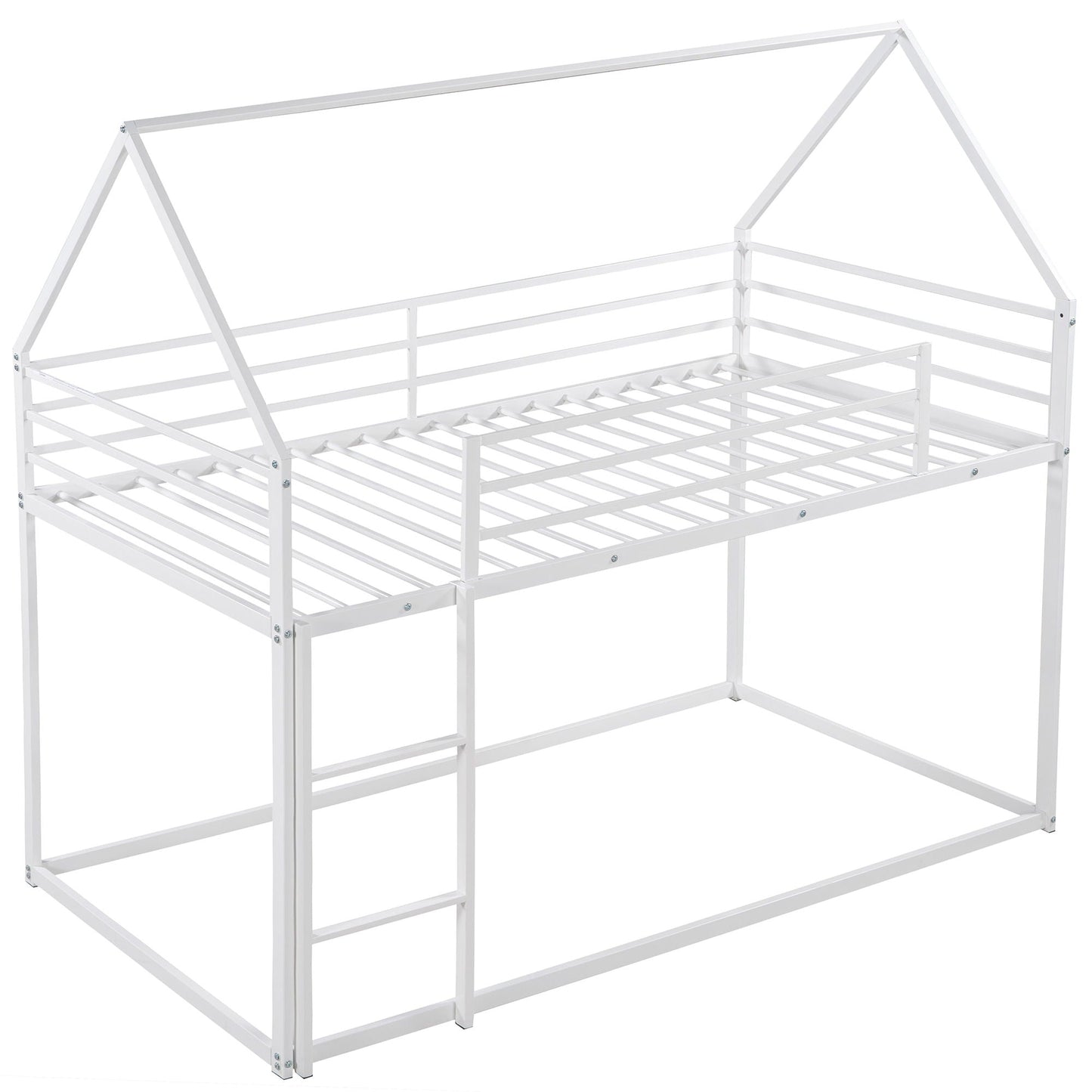 House Bunk Bed With Built In Ladder, white metal frame, house-shaped roof rails, by HouseOfZazla on Tampa Home & Garden Store