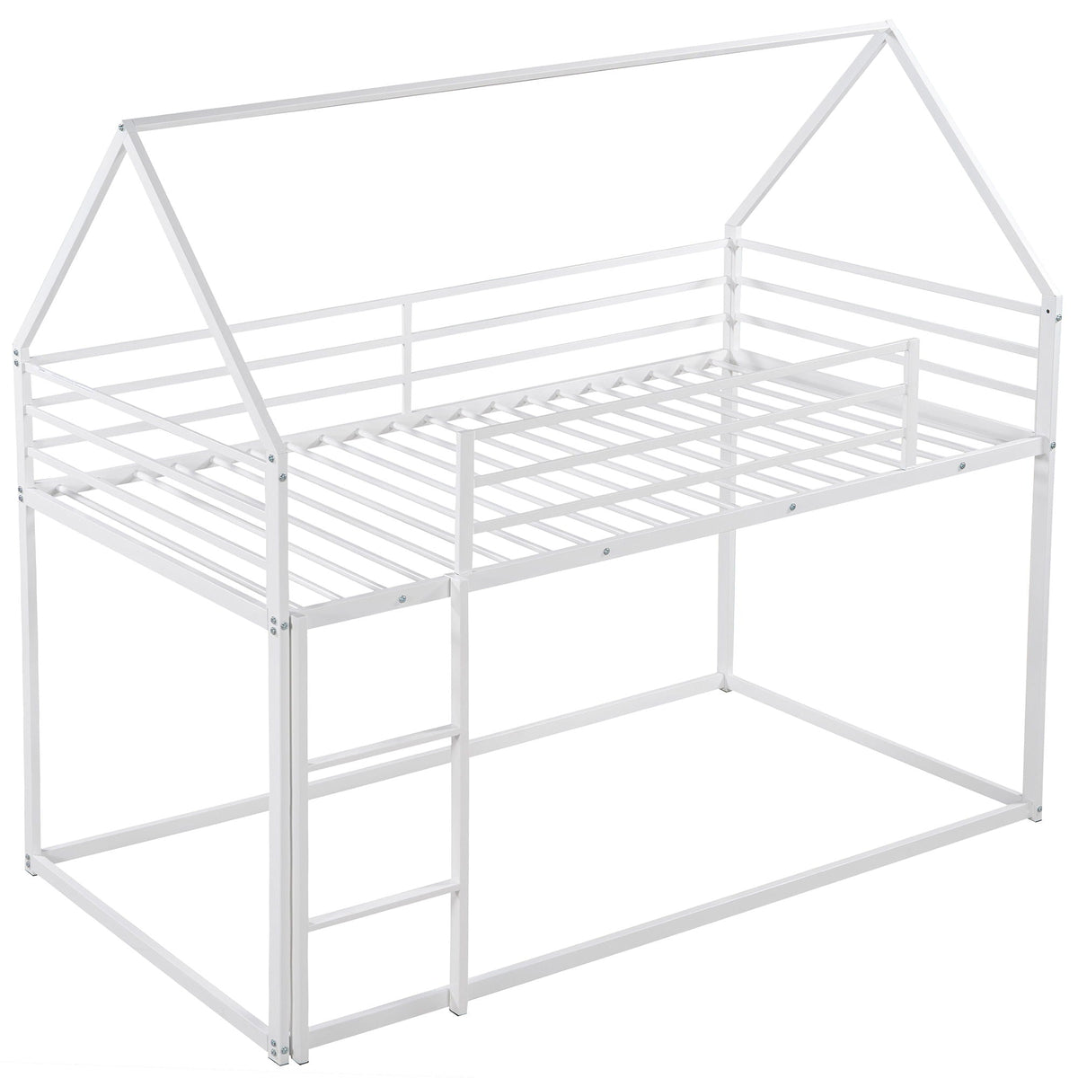 House Bunk Bed With Built In Ladder, white metal frame, house-shaped roof rails, by HouseOfZazla on Tampa Home & Garden Store