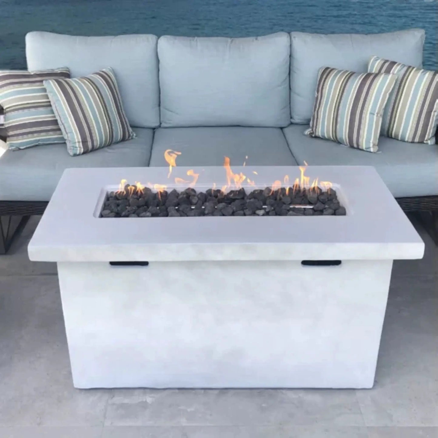 Reinforced propane fire pit table white concrete with lava rocks by Unique Piece Furniture on Tampa Home & Garden Store