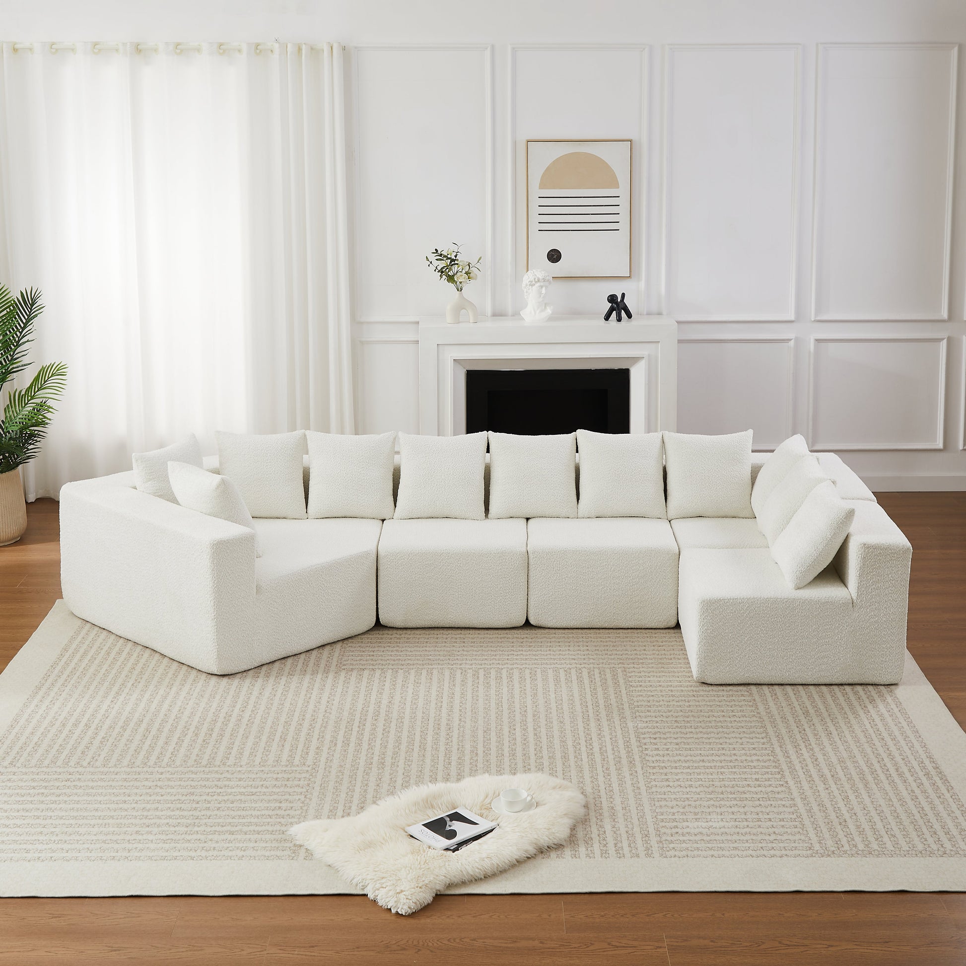 HouseOfZazla 151.6-Inch XL L-Shaped Chenille Sectional Sofa white with plush cushions on Tampa Home & Garden Store