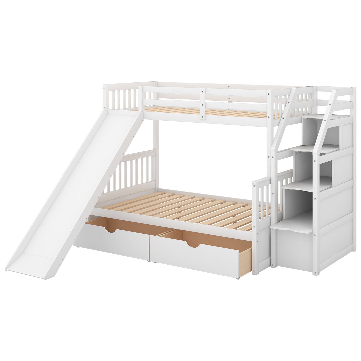 White bunk bed with storage staircase, slide, built-in desk, drawers and shelves on Tampa Home & Garden Store