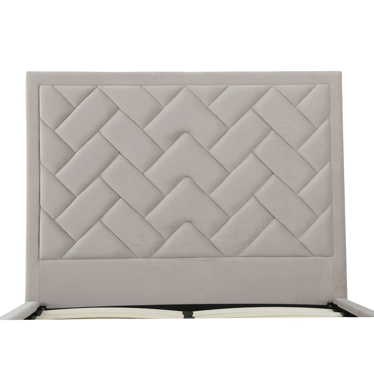 Crosby upholstered bed with diamond tufted light gray headboard and slatted base on Tampa Home & Garden Store