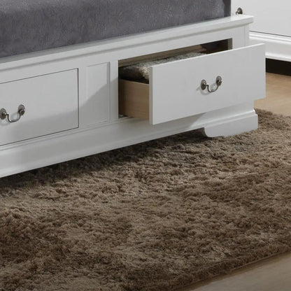 Upholstered panel sleigh storage bed in white with two under-bed drawers and cup pulls on Tampa Home & Garden Store