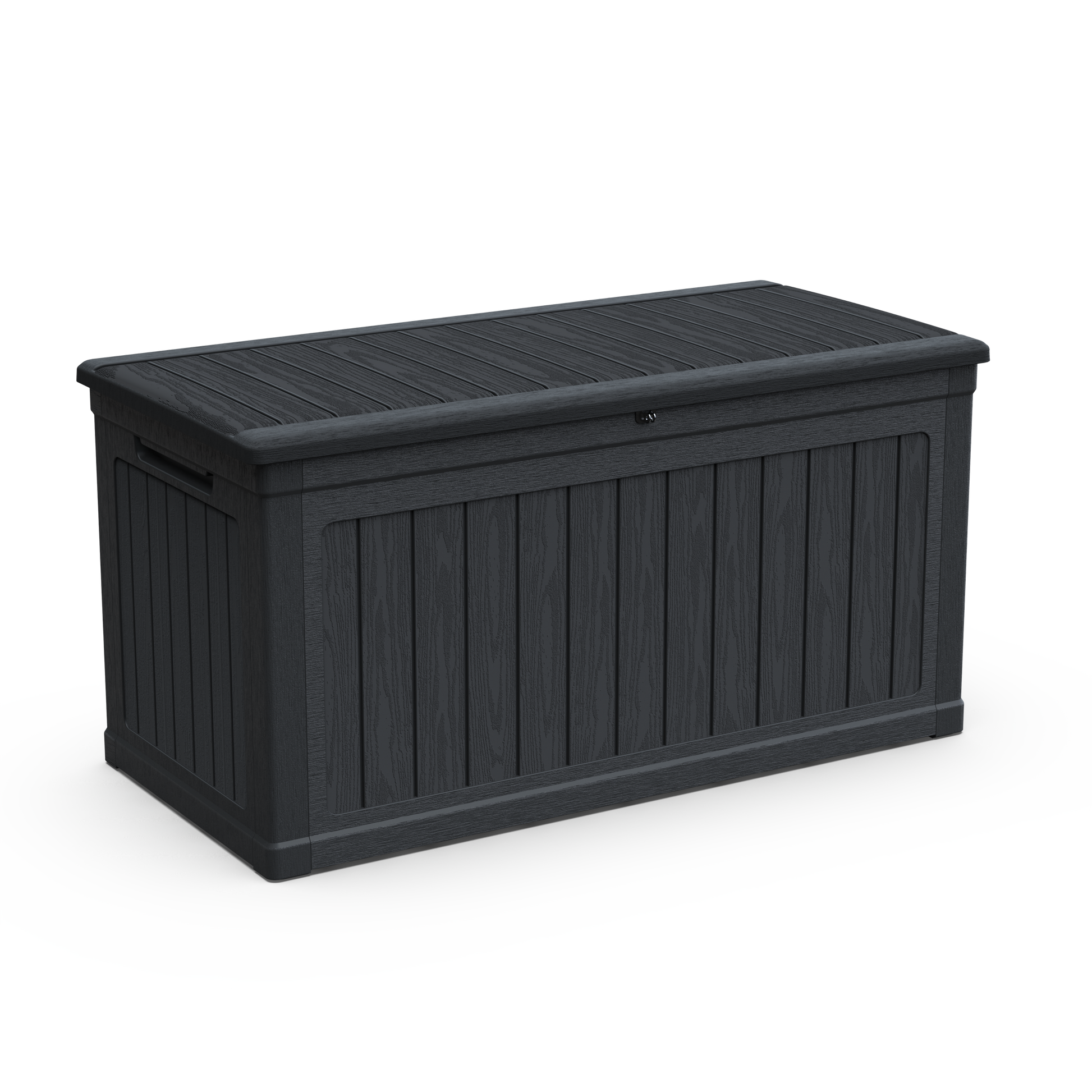 230 Gallon Large Outdoor Storage XXL Deck Box in black textured resin with wood grain panels on Tampa Home & Garden Store