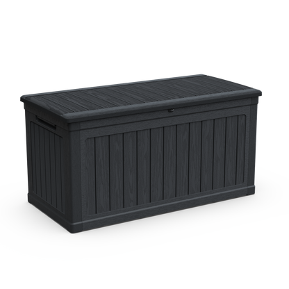 230 Gallon Large Outdoor Storage XXL Deck Box in black textured resin with wood grain panels on Tampa Home & Garden Store
