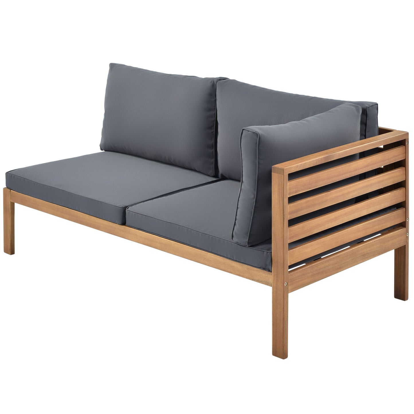 Wood Structure Outdoor Sofa Set with Gray Cushions, slatted wood frame on Tampa Home & Garden Store
