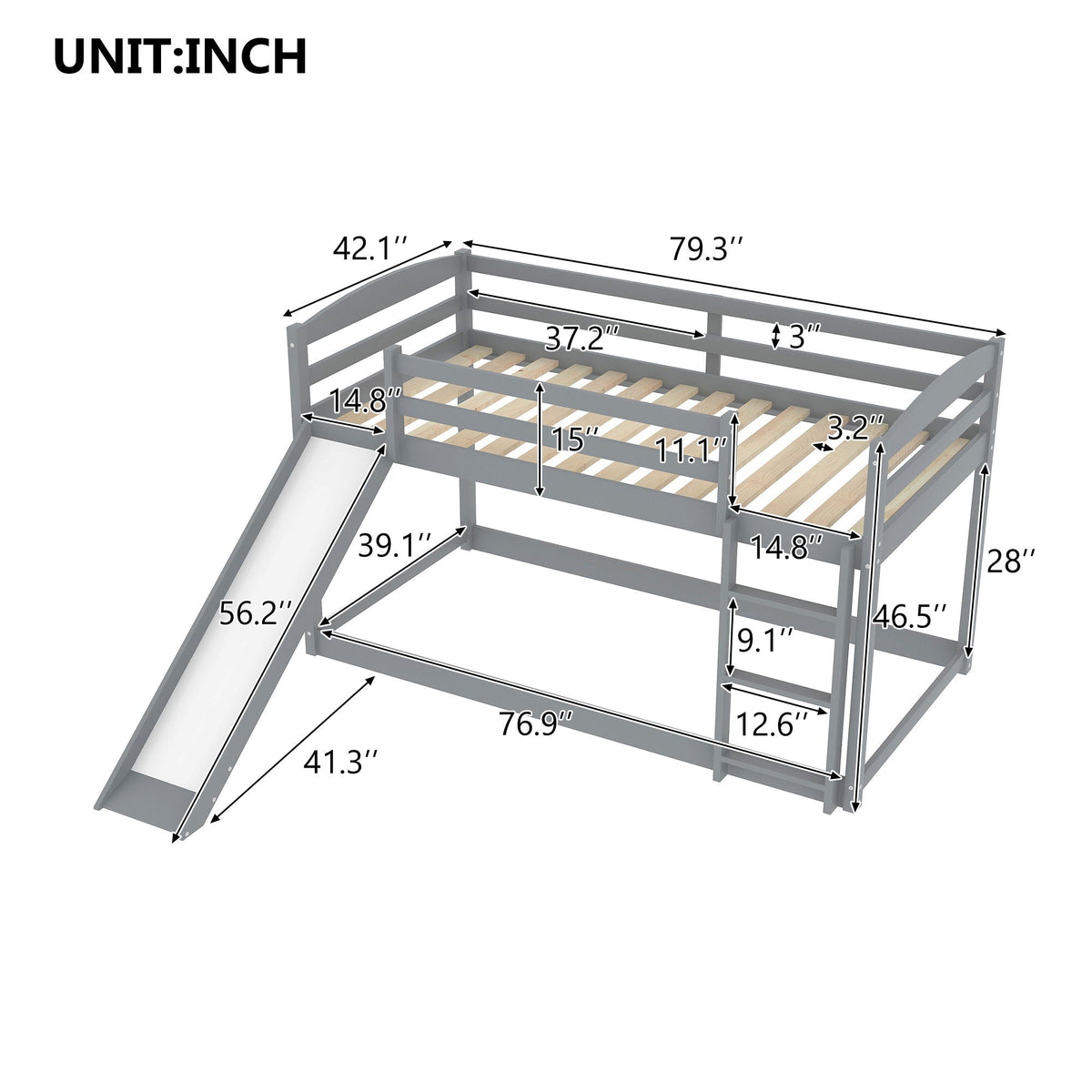 Durable bunk bed with convertible slide and ladder, gray finish, dimensional schematic on Tampa Home & Garden Store