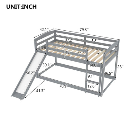 Durable bunk bed with convertible slide and ladder, gray finish, dimensional schematic on Tampa Home & Garden Store