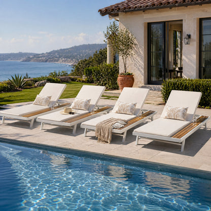 White Iron and Teak Finish Outdoor Lounge Set