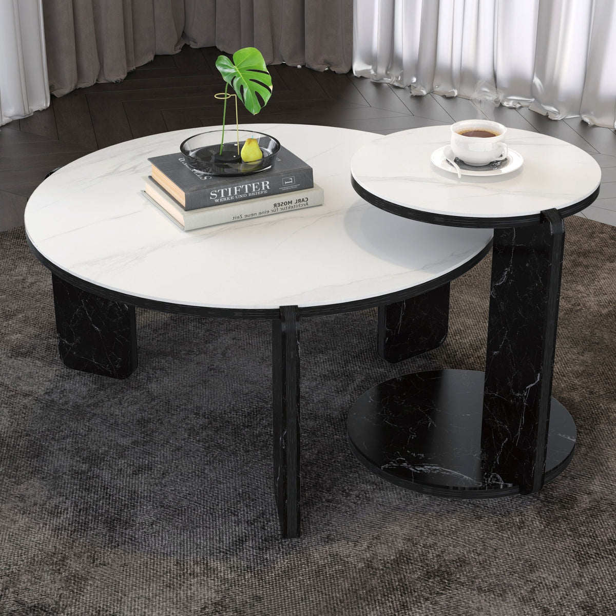 Round coffee and end table set with white faux marble tops and black bases; two tables on Tampa Home & Garden Store