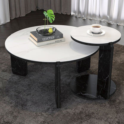 Round coffee and end table set with white faux marble tops and black bases; two tables on Tampa Home & Garden Store