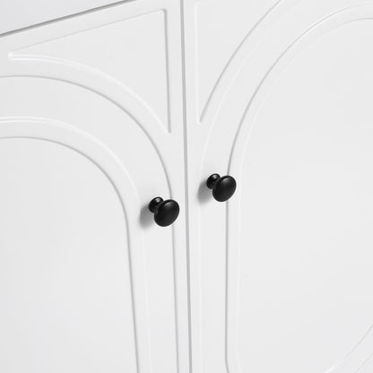 Freestanding bathroom vanity with soft close, white paneled doors and black round knobs on Tampa Home & Garden Store