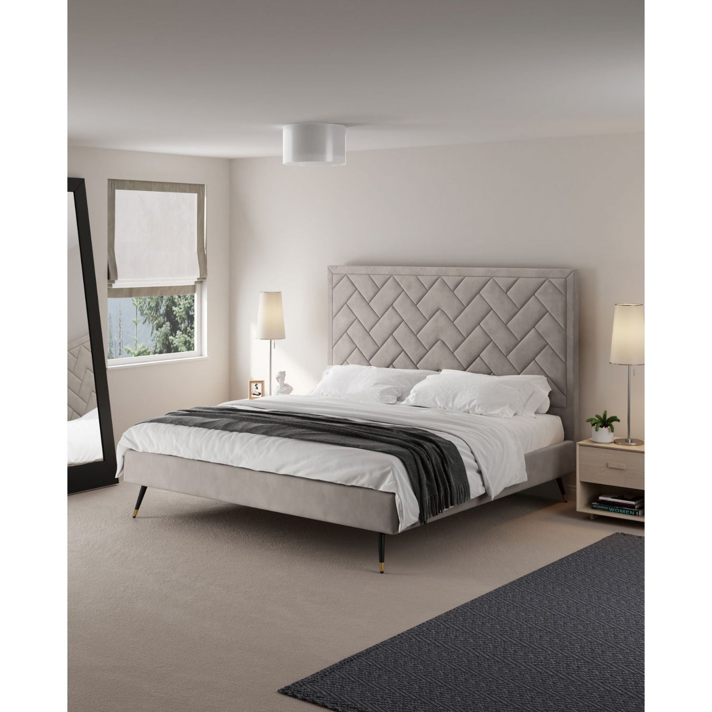 Crosby upholstered bed with gray diamond-tufted headboard and slats on Tampa Home & Garden Store