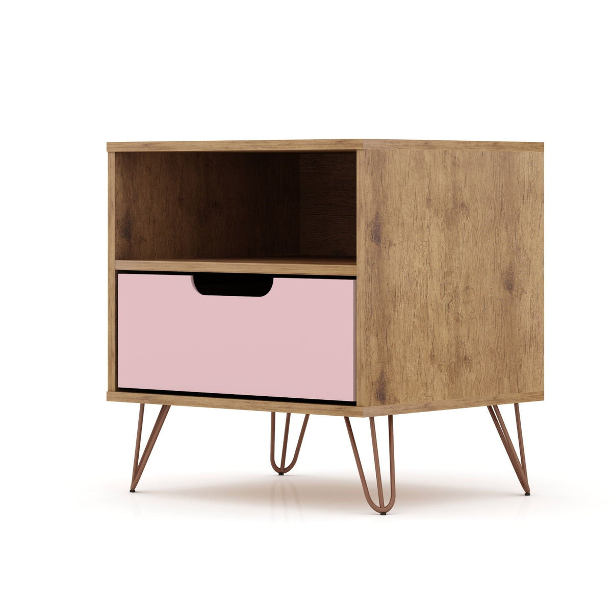 Rockefeller nightstand with pink front drawer, open shelf, and splayed copper legs HouseOfZazla on Tampa Home & Garden Store