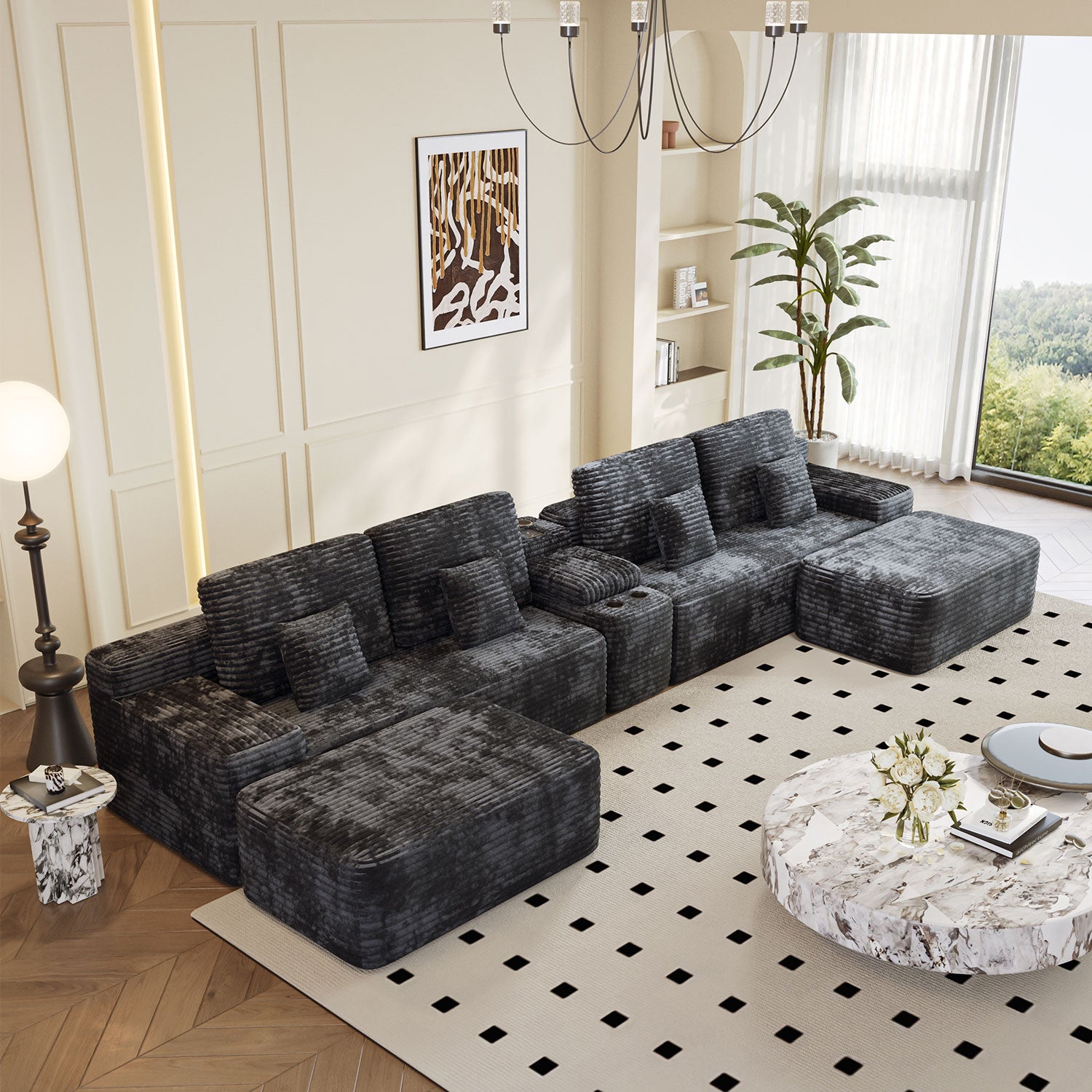 5-Piece Sectional Sofa with 2 Ottomans by HouseOfZazla in dark charcoal velvet on Tampa Home & Garden Store