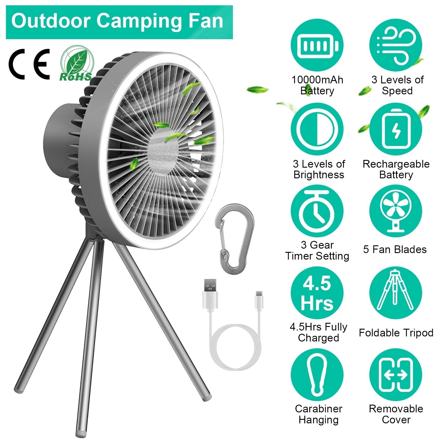 GemGear Camping Fan with 10000mAh rechargeable battery, tripod stand and carabiner hook on Tampa Home & Garden Store