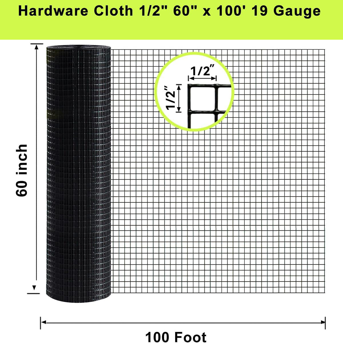Black hardware cloth roll 19 gauge 1/2 in mesh, 60 in x 100 ft on Tampa Home & Garden Store
