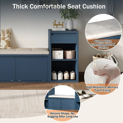 Entryway storage bench in blue with linen top, drawers and open shelves by Unique Piece on Tampa Home & Garden Store