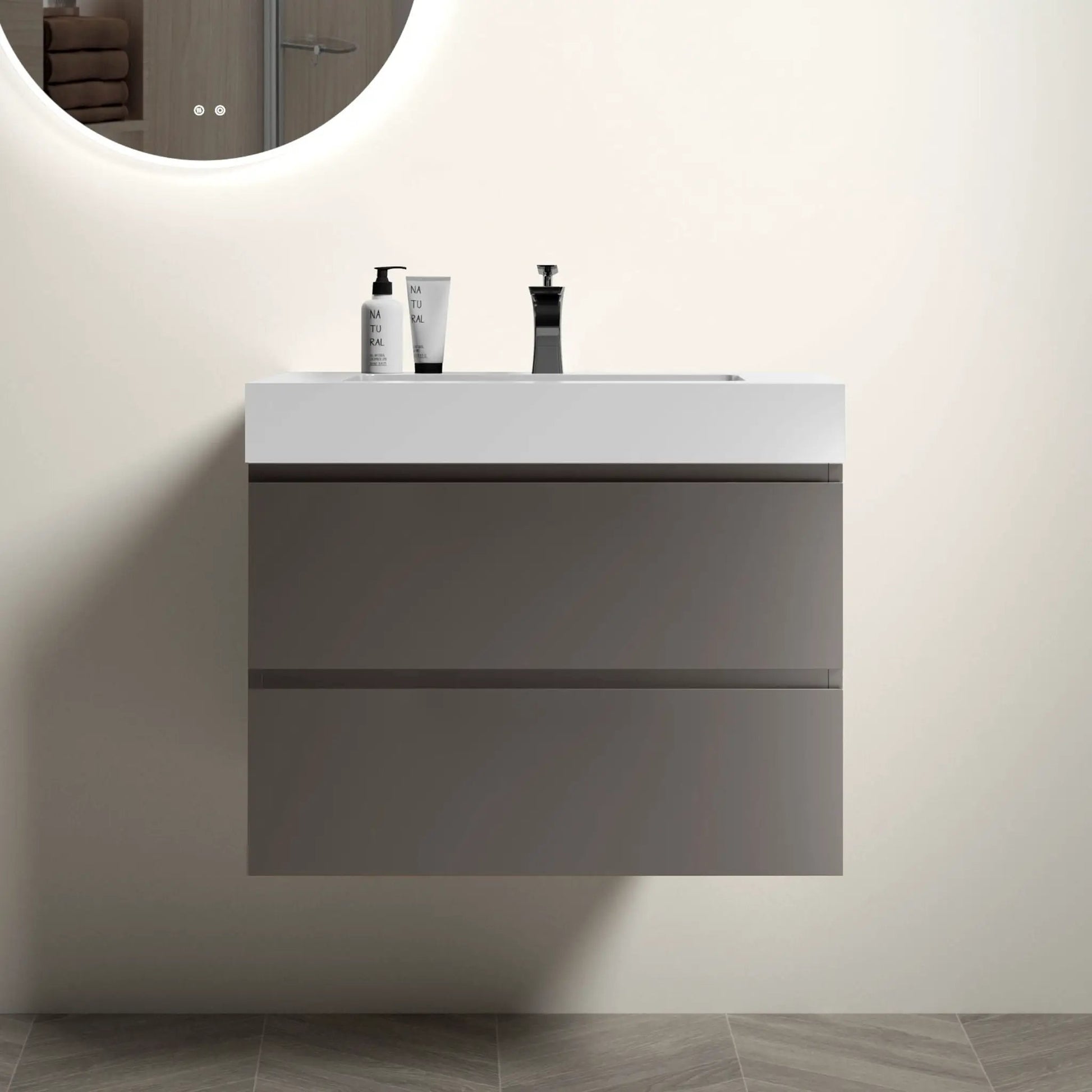 Alice wall-mounted floating vanity with white one-piece sink and large storage in gray base on Tampa Home & Garden Store