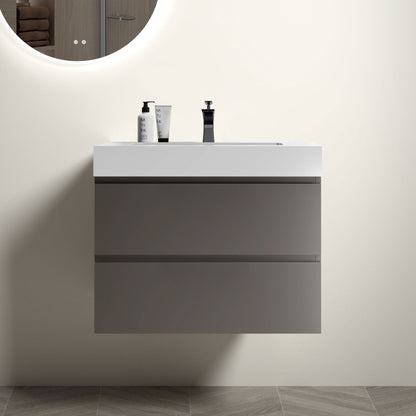 Alice bathroom vanity with sink, white basin, black faucet, round mirror, 3 bottles on counter on Tampa Home & Garden Store