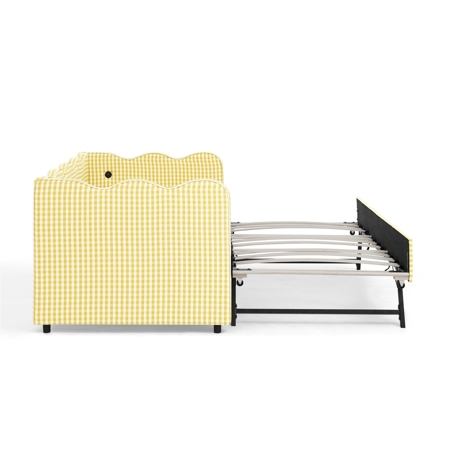 Cozy Gingham Daybed with Trundle Twin Size Sofa Bed, yellow gingham fabric on black metal frame on Tampa Home & Garden Store