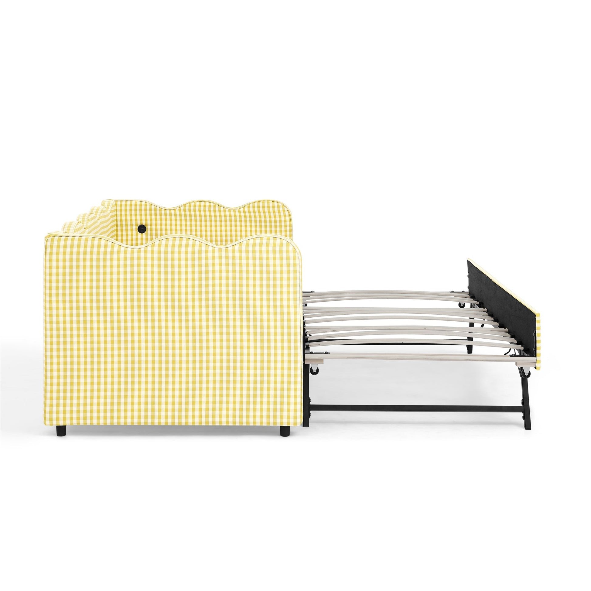 Cozy Gingham Daybed with Trundle Twin Size Sofa Bed, yellow gingham fabric on black metal frame on Tampa Home & Garden Store