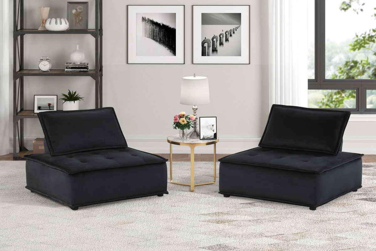 Pair of Anna Armless Lounge Chairs in black tufted upholstery in a modern living room on Tampa Home & Garden Store