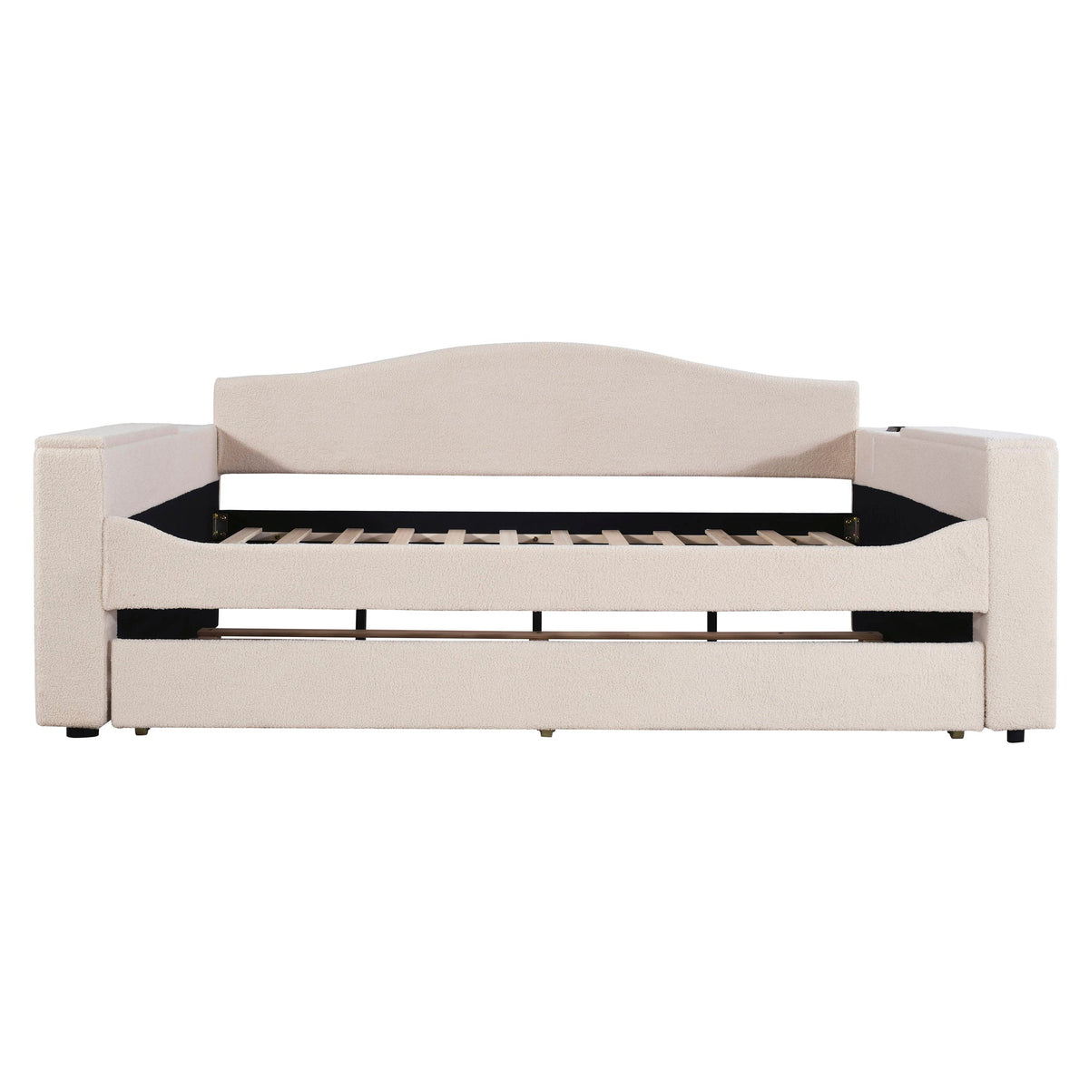 Upholstered beige daybed with rectangular armrests and open slatted bed base on Tampa Home & Garden Store