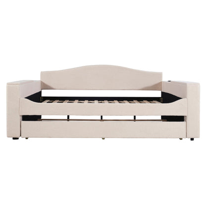 Upholstered beige daybed with rectangular armrests and open slatted bed base on Tampa Home & Garden Store