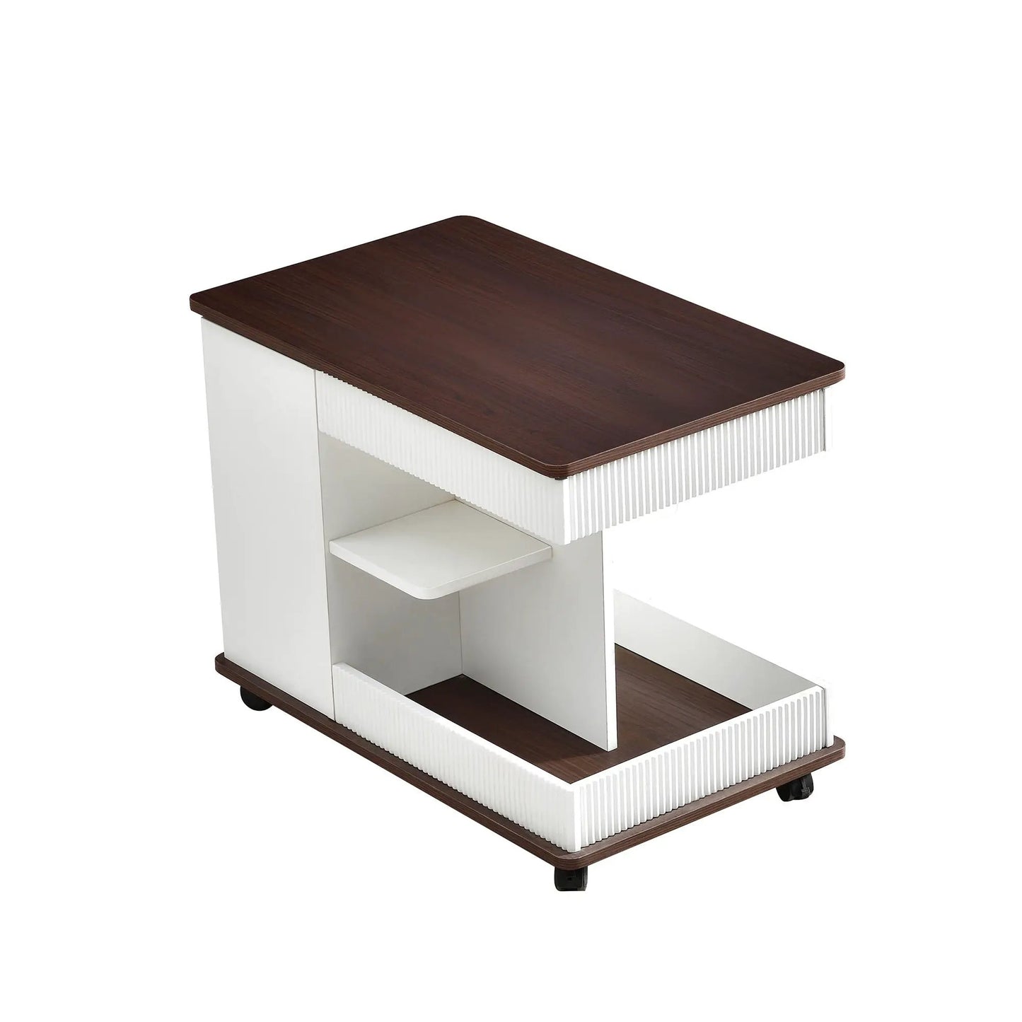 Adjustable end table with wheels, dark walnut top, white ribbed base, 360° rotating top, storage on Tampa Home & Garden Store