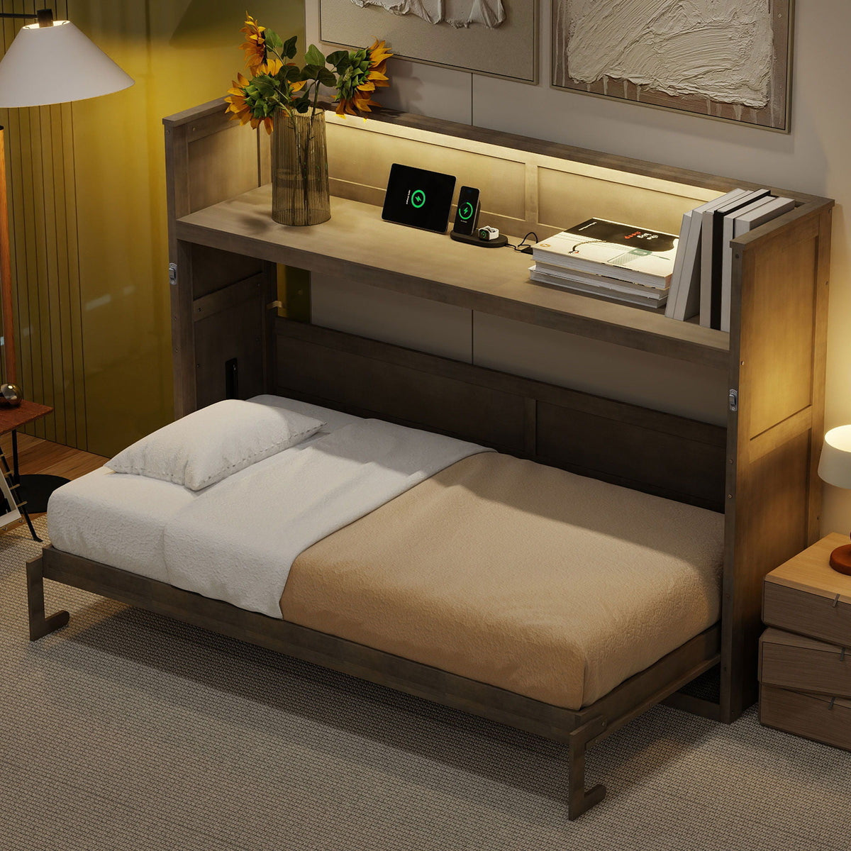 Murphy bed with desk in warm wood finish with built-in LED light and USB charging on Tampa Home & Garden Store