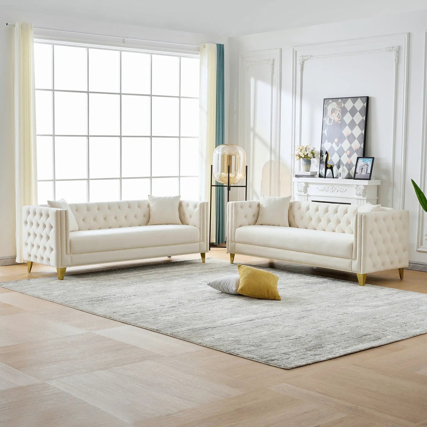 Deep-seat sofa with button nailhead and square arms; pair by Unique Piece Furniture on Tampa Home & Garden Store