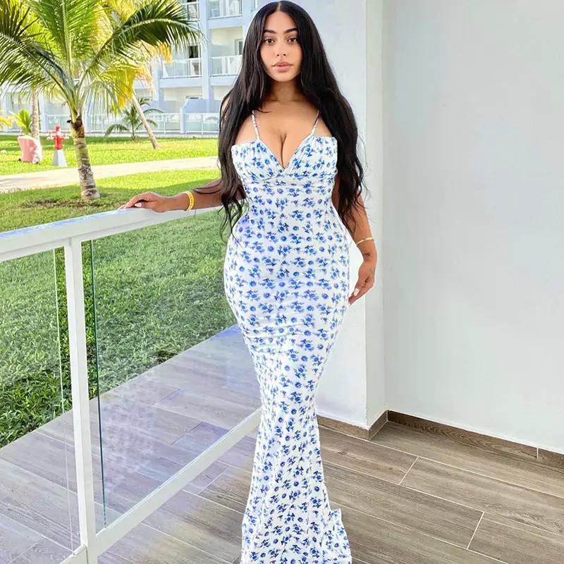 Fashion flowers print suspender dress, blue floral, slim mermaid silhouette FLIPSTYLEZLLC on Tampa Home & Garden Store