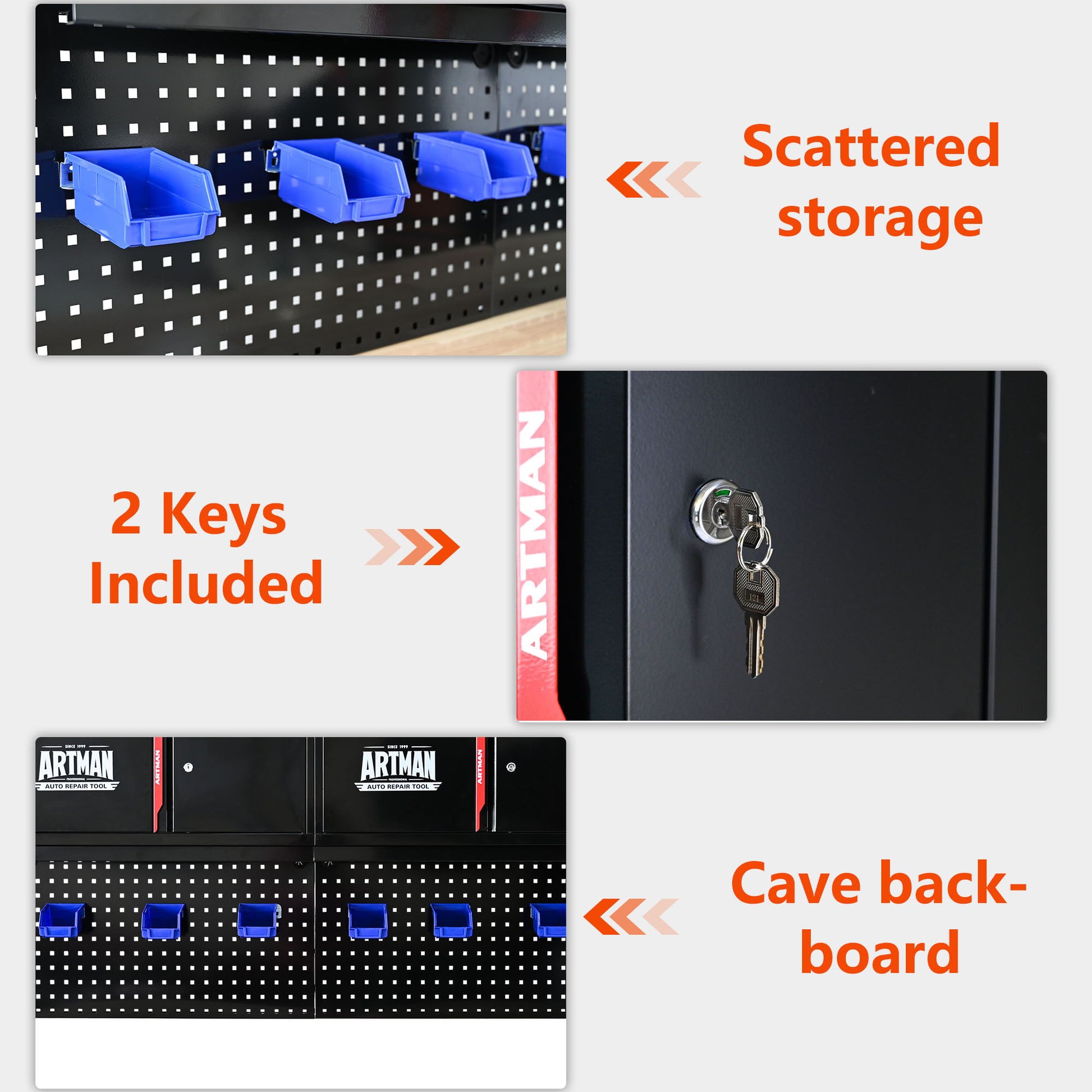 Wall mounted storage cabinet with pegboard and four blue plastic bins for tools, HouseOfZazla on Tampa Home & Garden Store