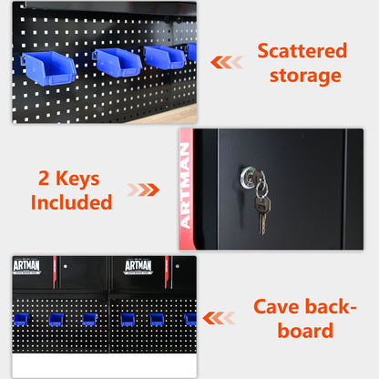 Wall mounted storage cabinet with pegboard and four blue plastic bins for tools, HouseOfZazla on Tampa Home & Garden Store