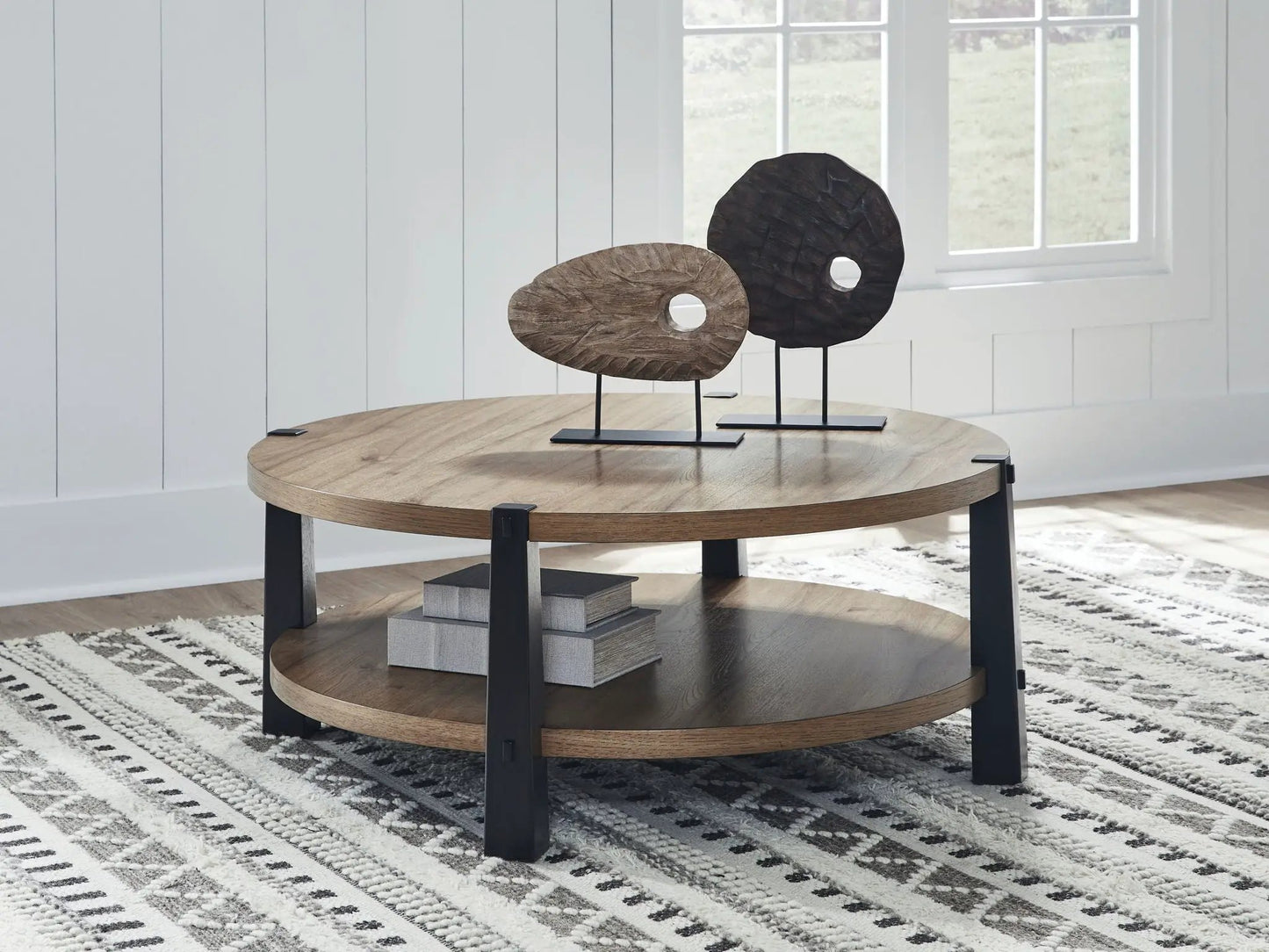 Ridgester Round Table Unique Piece Furniture wood top black metal legs decorative wood discs on Tampa Home & Garden Store