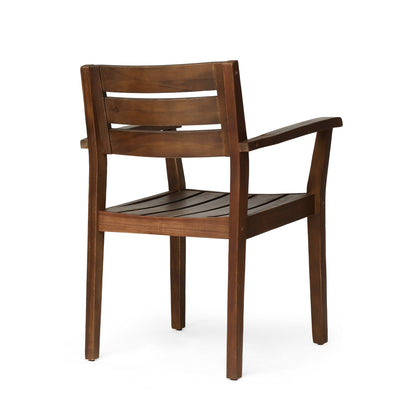 Acacia wood outdoor dining chair in brown with slatted back and curved arms HouseOfZazla on Tampa Home & Garden Store