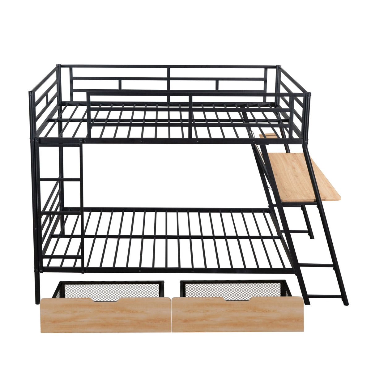 Full size black metal bunk bed with built-in wood desk and two drawers, side ladder on Tampa Home & Garden Store