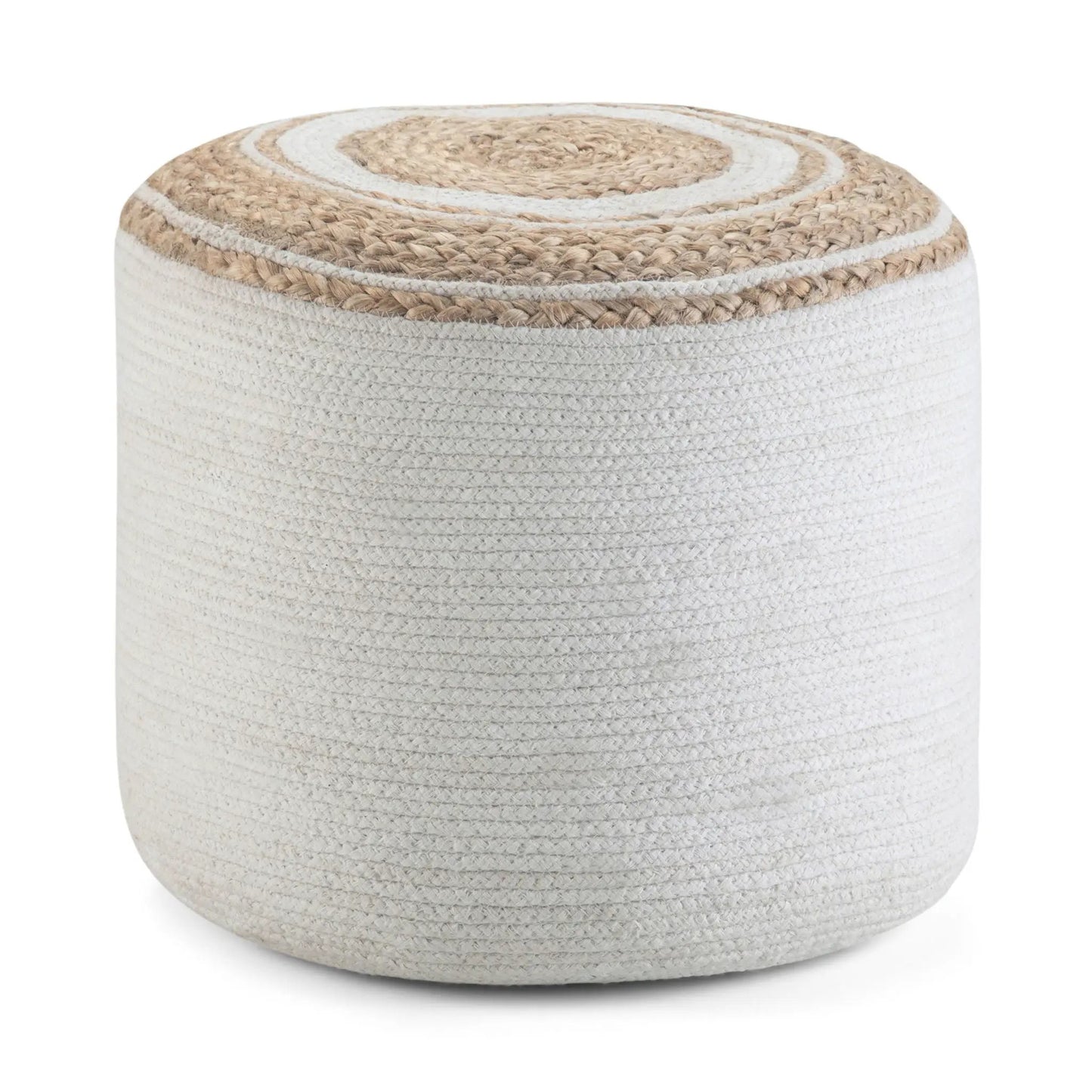 Serena Handcrafted Round Braided Pouf, natural beige braided jute texture, accent pouf on Tampa Home & Garden Store
