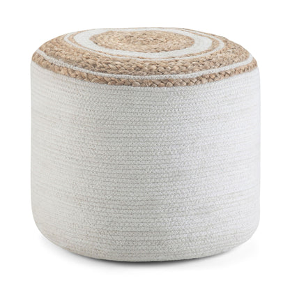 Serena Handcrafted round braided pouf in natural beige jute with white bands on Tampa Home & Garden Store