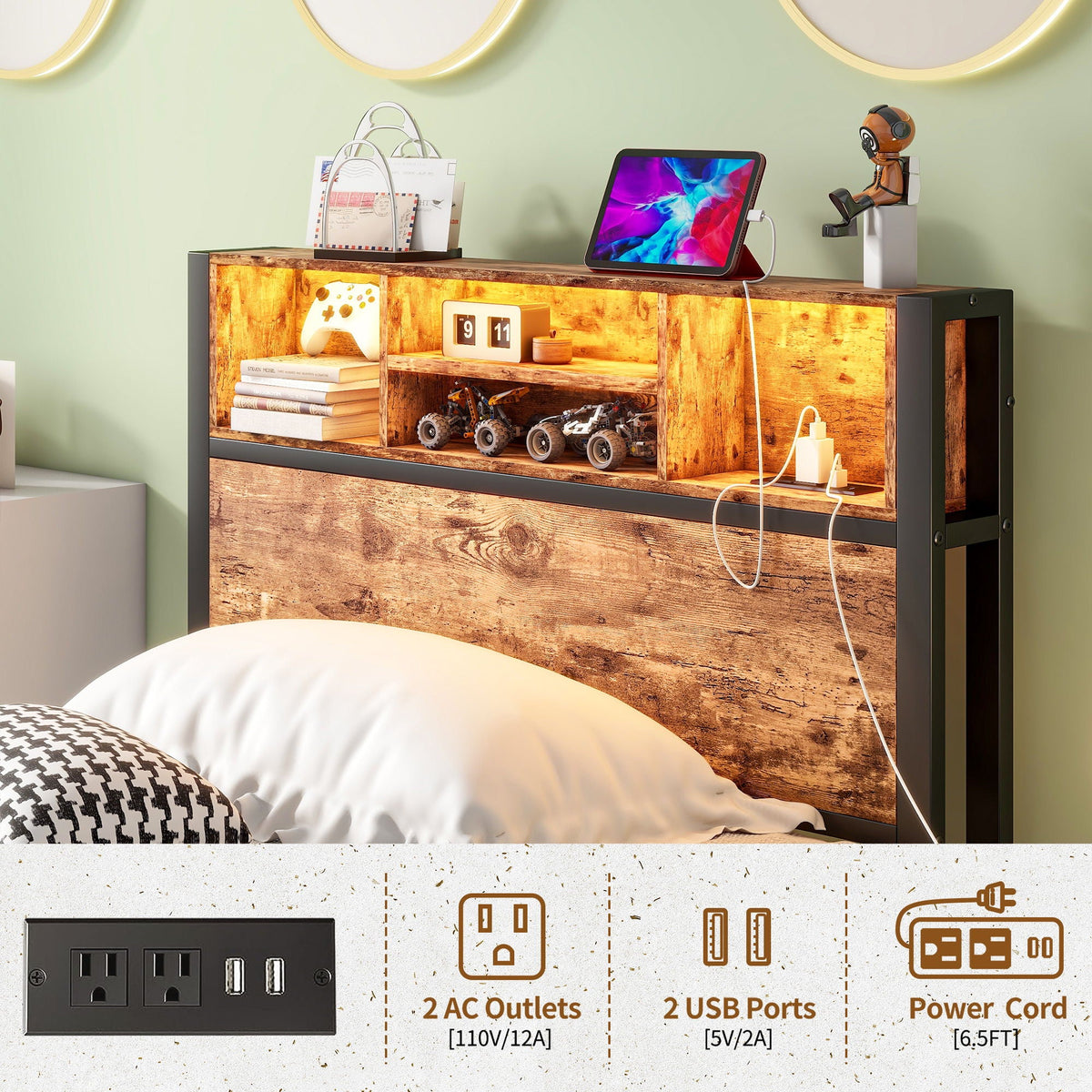 Brown twin storage bed frame with wood panels, metal accents and charging station on Tampa Home & Garden Store