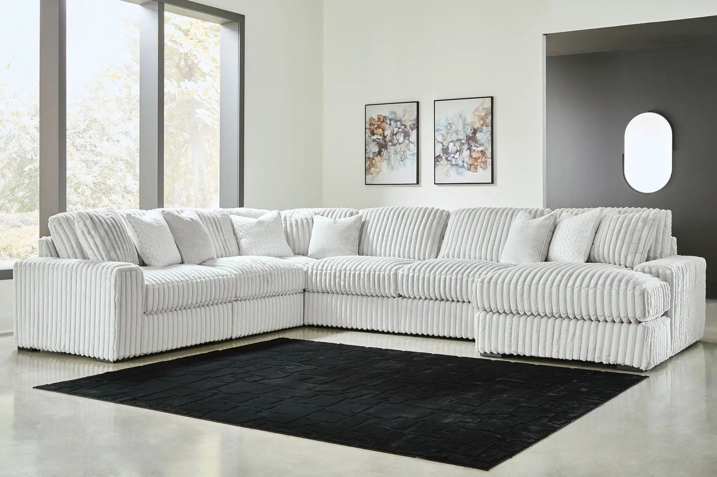 Stupendous Sectional by Unique Piece Furniture, white ribbed fabric, L-shaped stationary sofa on Tampa Home & Garden Store