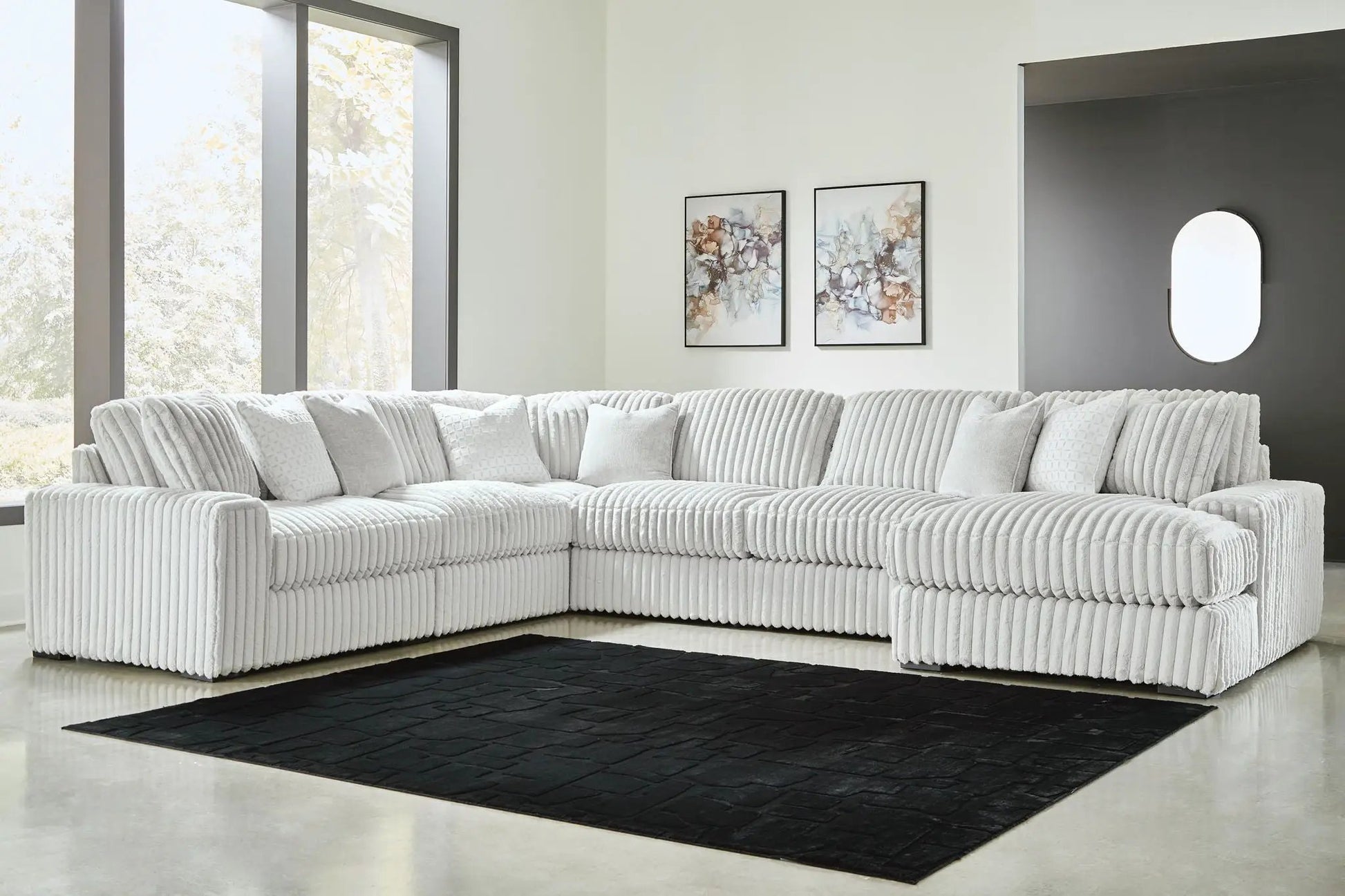 Stupendous Sectional by Unique Piece Furniture, white ribbed fabric, L-shaped stationary sofa on Tampa Home & Garden Store